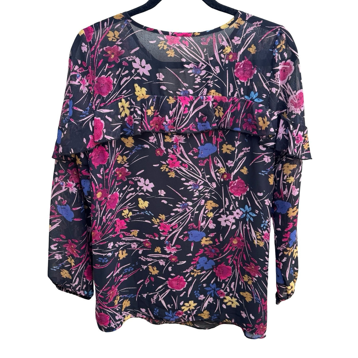 Boho Whimsigoth Cottagecore Dark Floral Ruffle Flowy Chiffon Romantic Blouse L