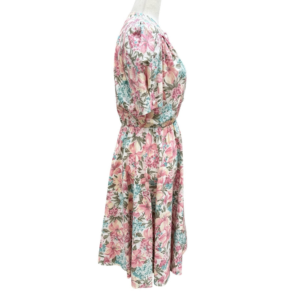 California Looks Vintage 80s Floral Midi Dress Pink Blue Cotton Petite 6P USA