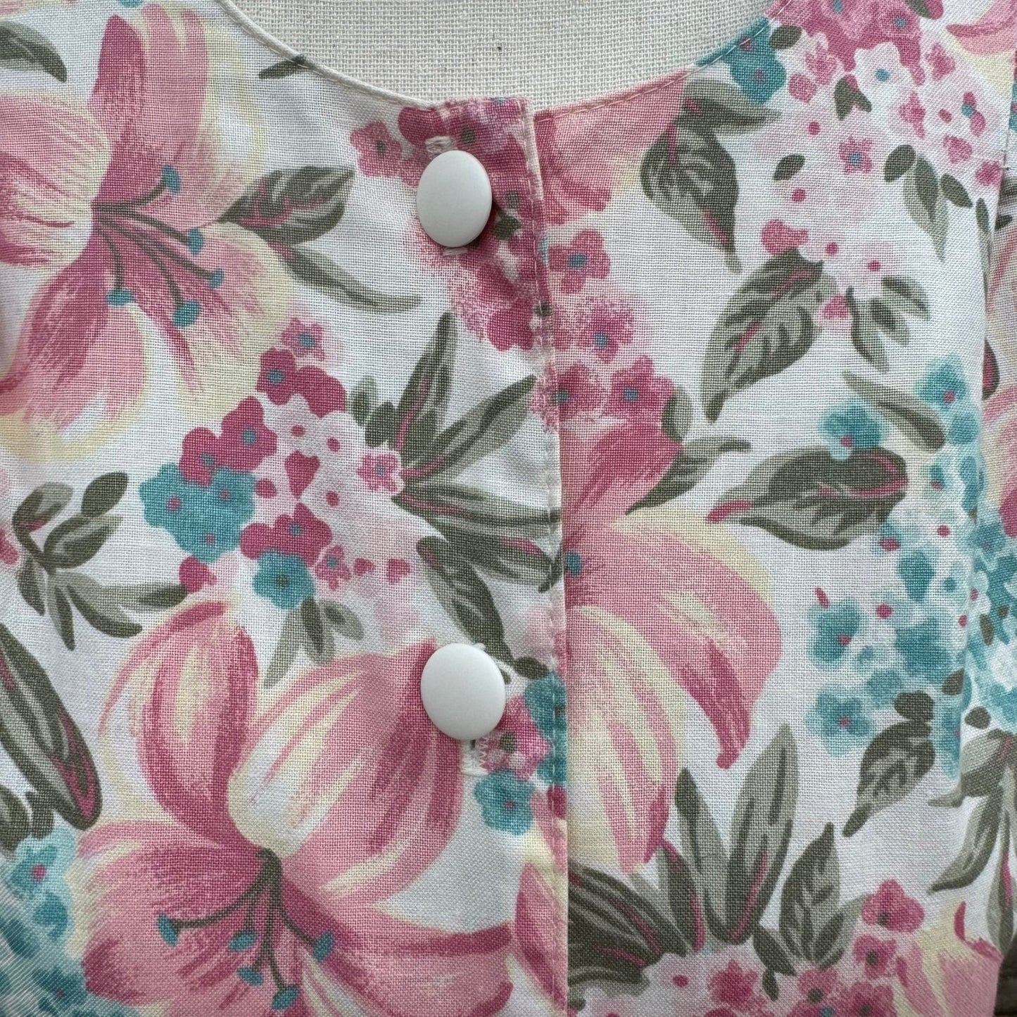 California Looks Vintage 80s Floral Midi Dress Pink Blue Cotton Petite 6P USA