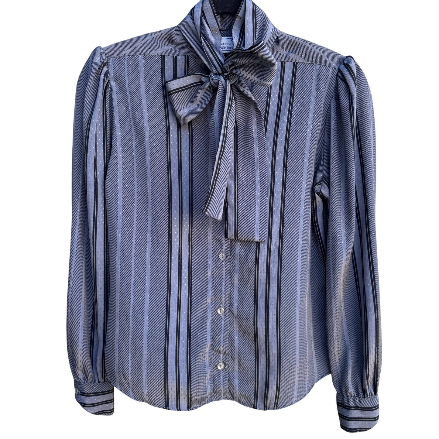 The Great American Short Story Vintage 70s Gray Striped Bow Puff Sleeve Blouse M