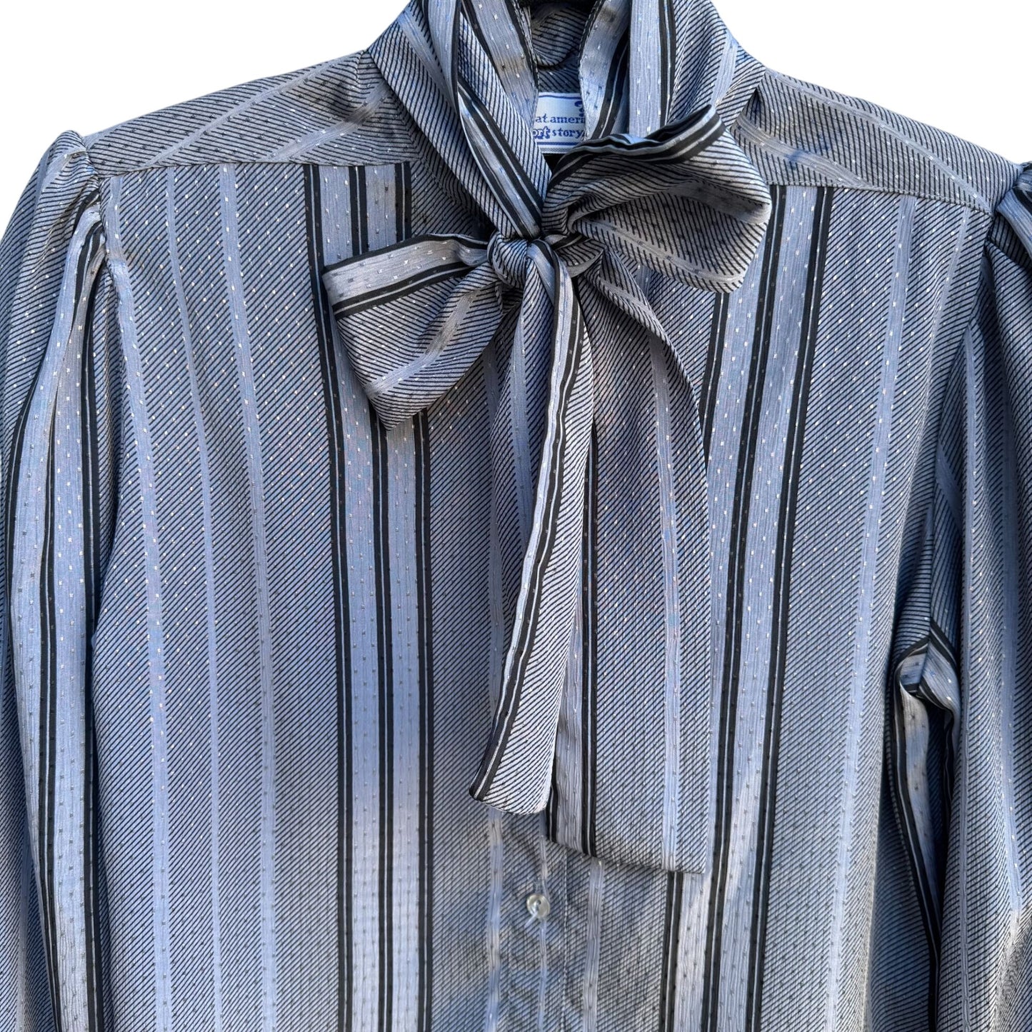 The Great American Short Story Vintage 70s Gray Striped Bow Puff Sleeve Blouse M