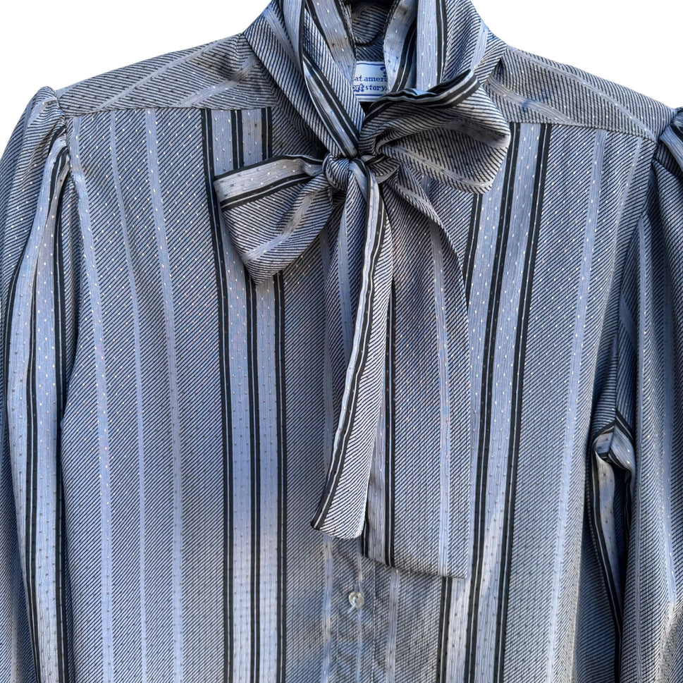 The Great American Short Story Vintage 70s Gray Striped Bow Puff Sleeve Blouse M