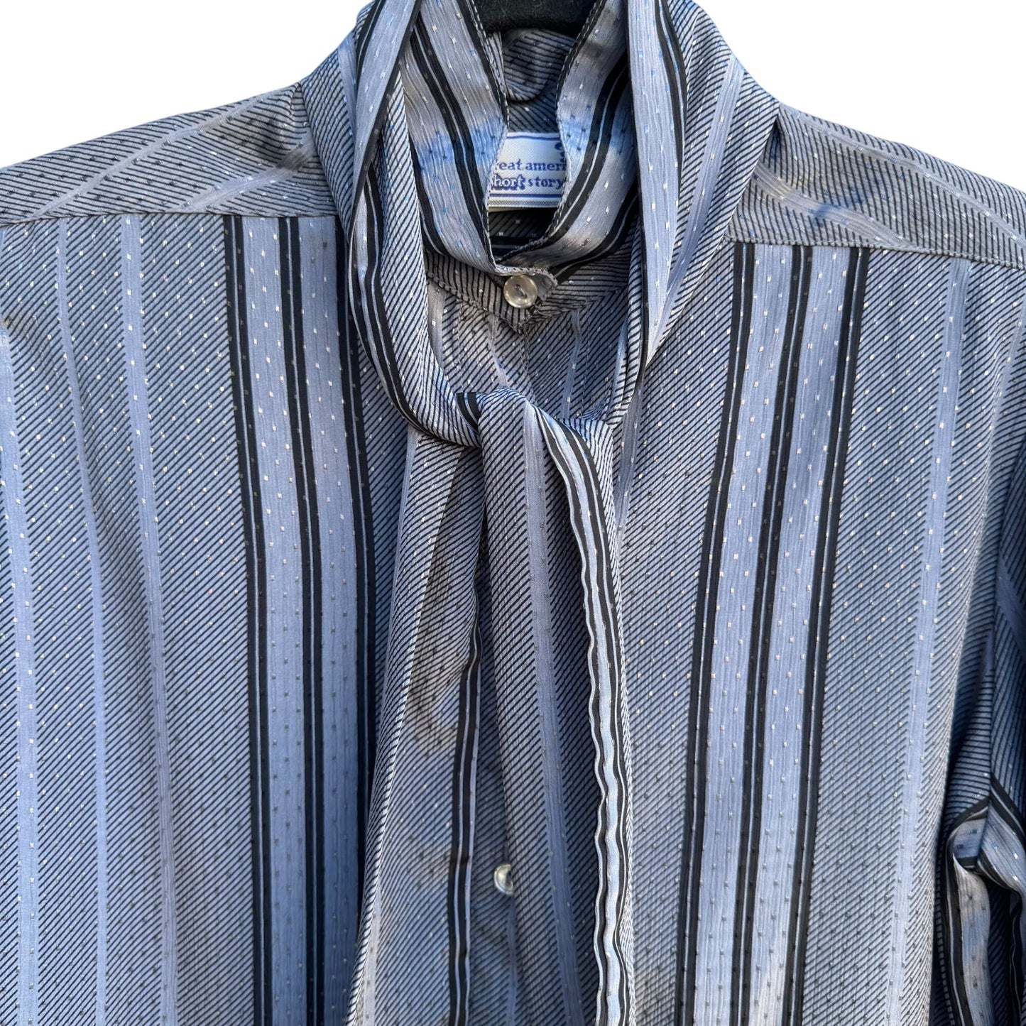 The Great American Short Story Vintage 70s Gray Striped Bow Puff Sleeve Blouse M