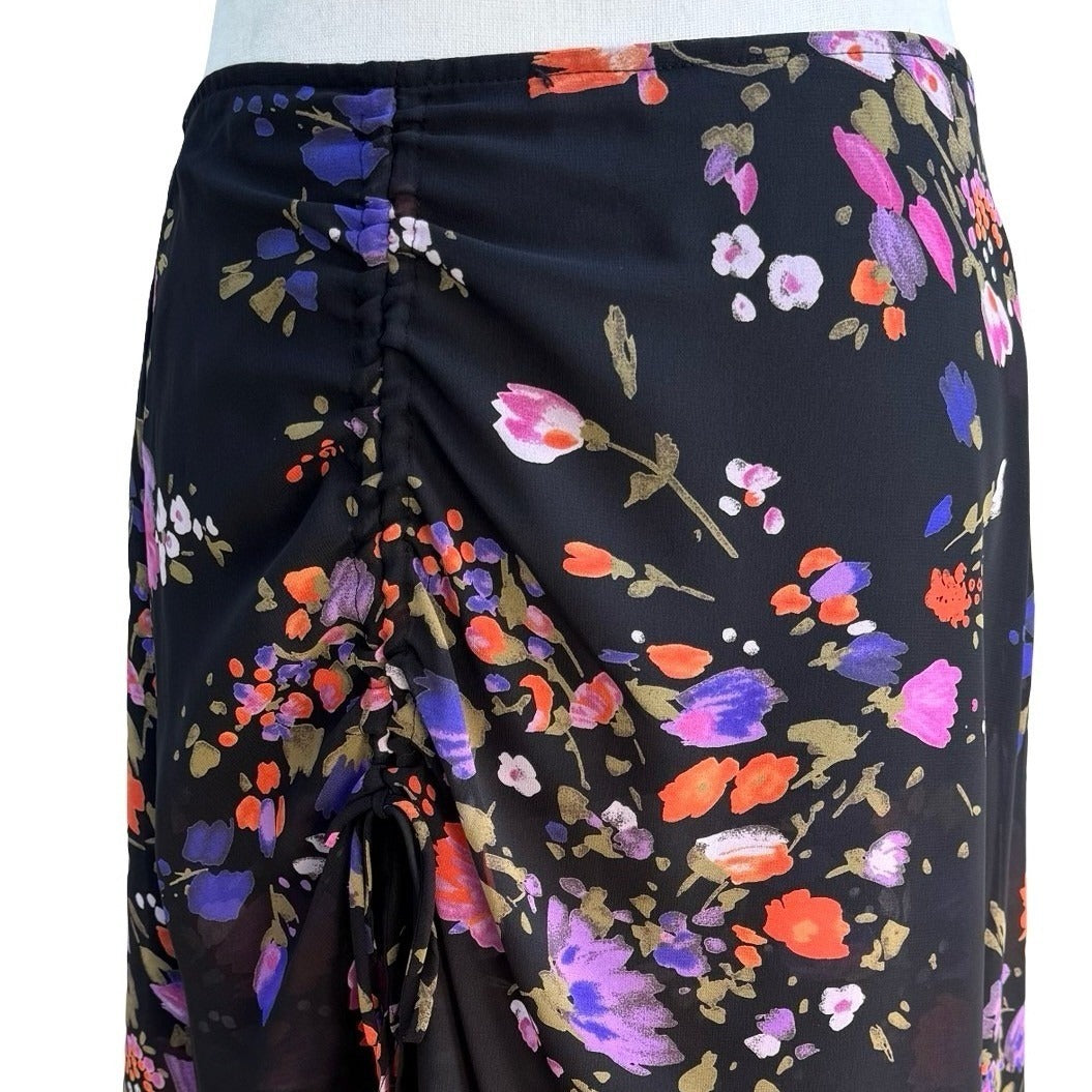 Latina Life Y2K Dark Floral Whimsigoth Ruched Bodycon Midi Skirt Black L