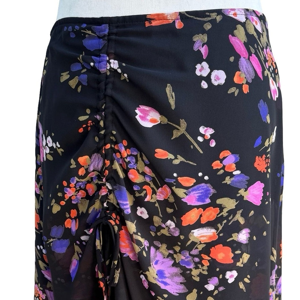 Latina Life Y2K Dark Floral Whimsigoth Ruched Bodycon Midi Skirt Black L