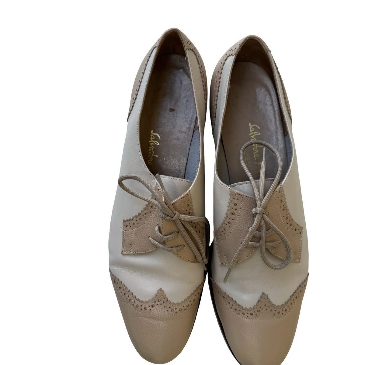 Salvatore Ferragamo Two-Tone Leather Brogue Wingtip Oxford Tan Cream Womens 11 B