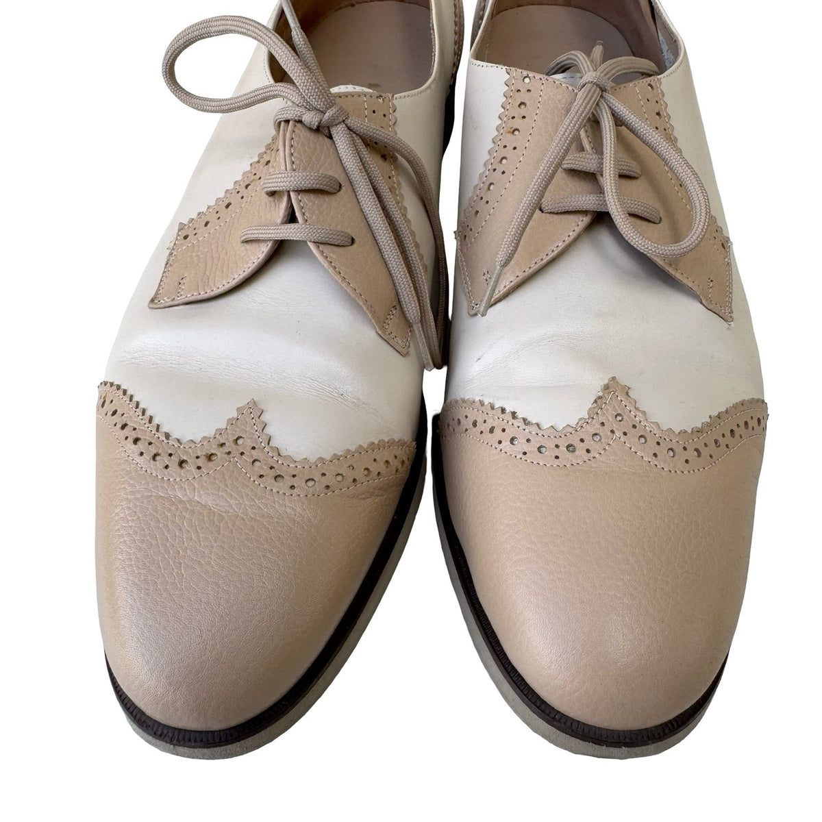 Salvatore Ferragamo Two-Tone Leather Brogue Wingtip Oxford Tan Cream Womens 11 B