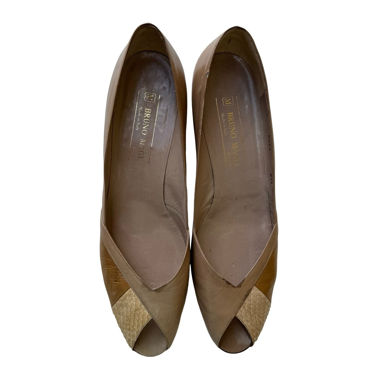 Bruno Magli Vintage Italian Luxury Snakeskin Peep Toe Kitten Heel Tan Womens 8