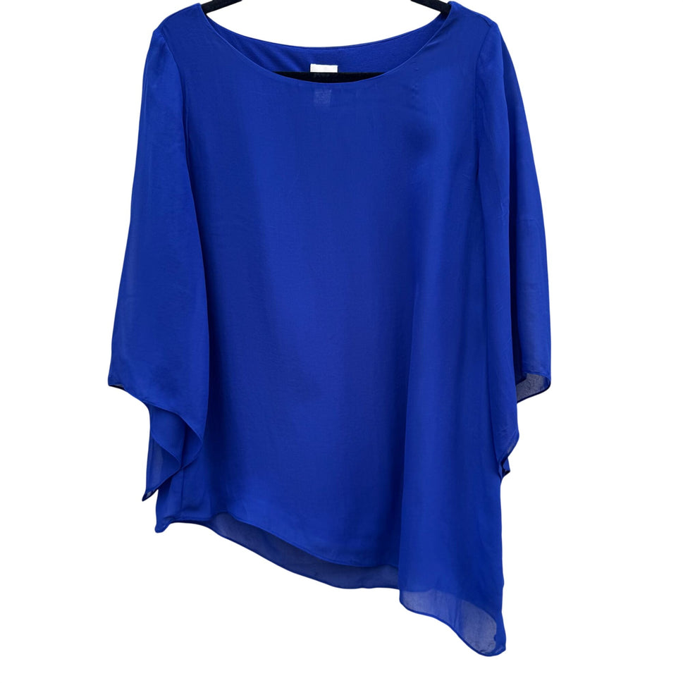 Chicos 1P Blue Semi Sheer Asymmetrical Flowy Bell Sleeve Chiffon Blouse Women