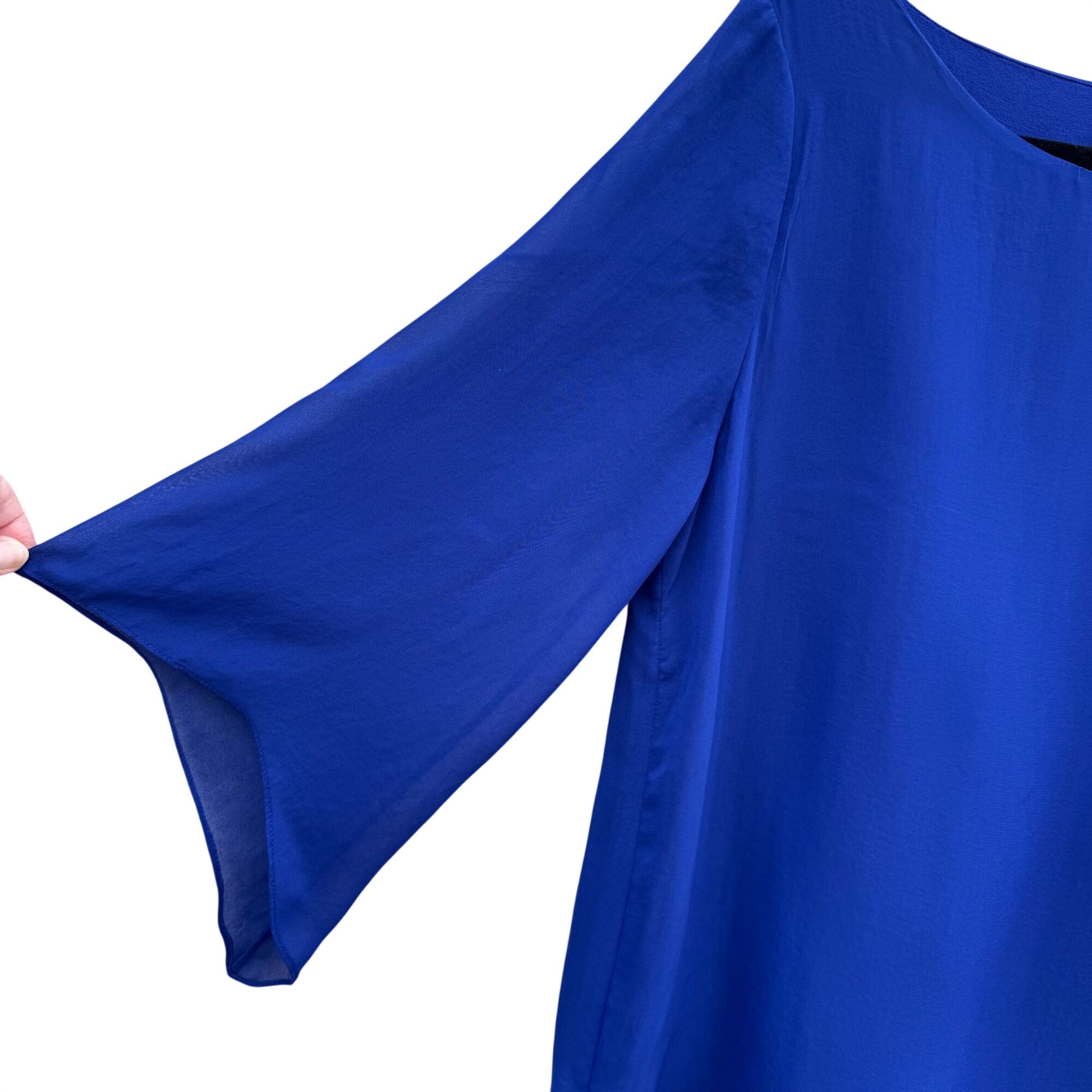 Chicos 1P Blue Semi Sheer Asymmetrical Flowy Bell Sleeve Chiffon Blouse Women
