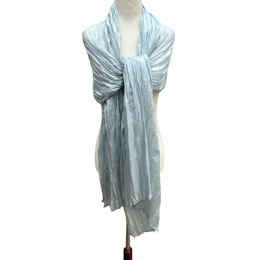 Eileen Fisher 100% Silk Coastal Minimalist Crinkle Beaded Scarf Wrap Pastel Blue