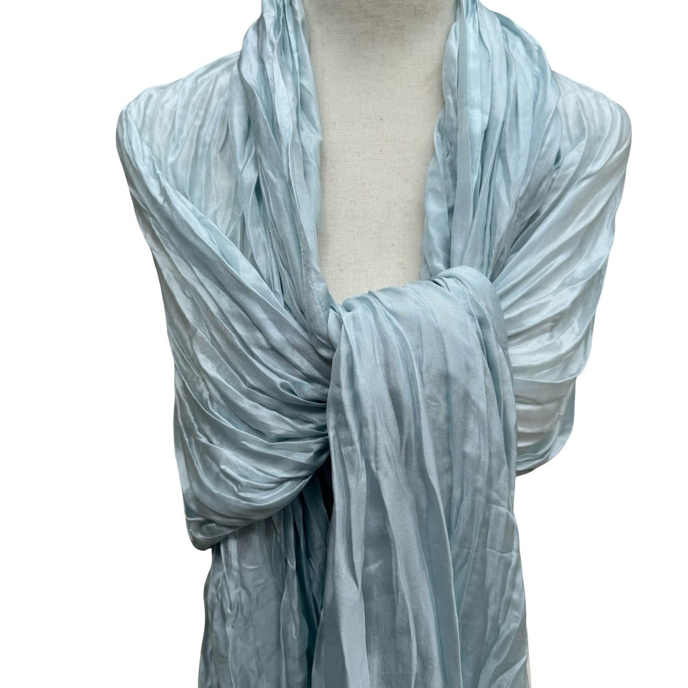 Eileen Fisher 100% Silk Coastal Minimalist Crinkle Beaded Scarf Wrap Pastel Blue