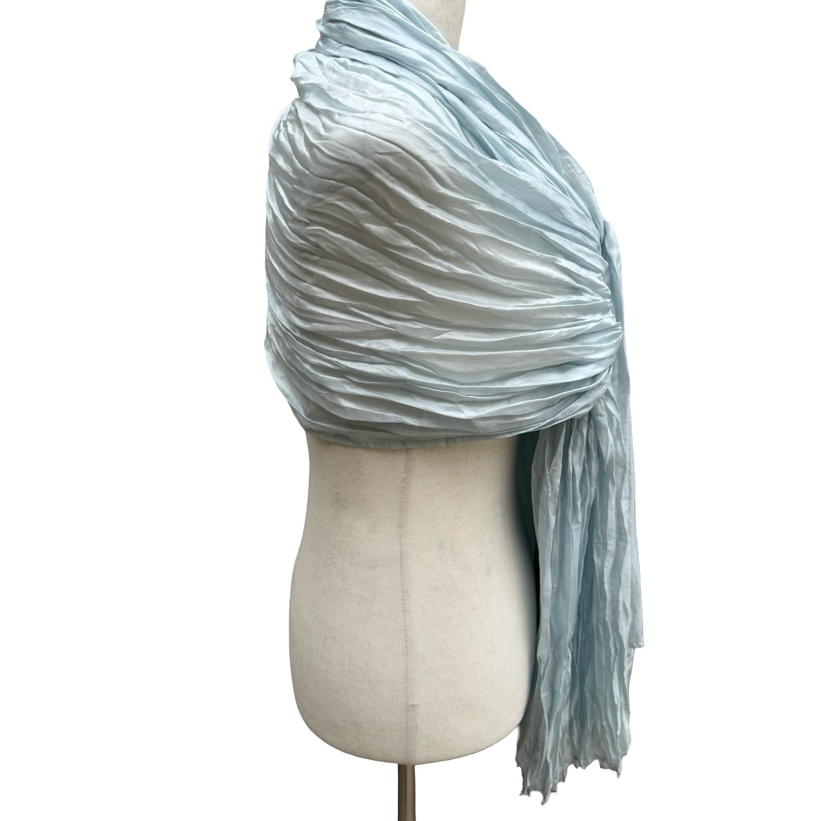 Eileen Fisher 100% Silk Coastal Minimalist Crinkle Beaded Scarf Wrap Pastel Blue