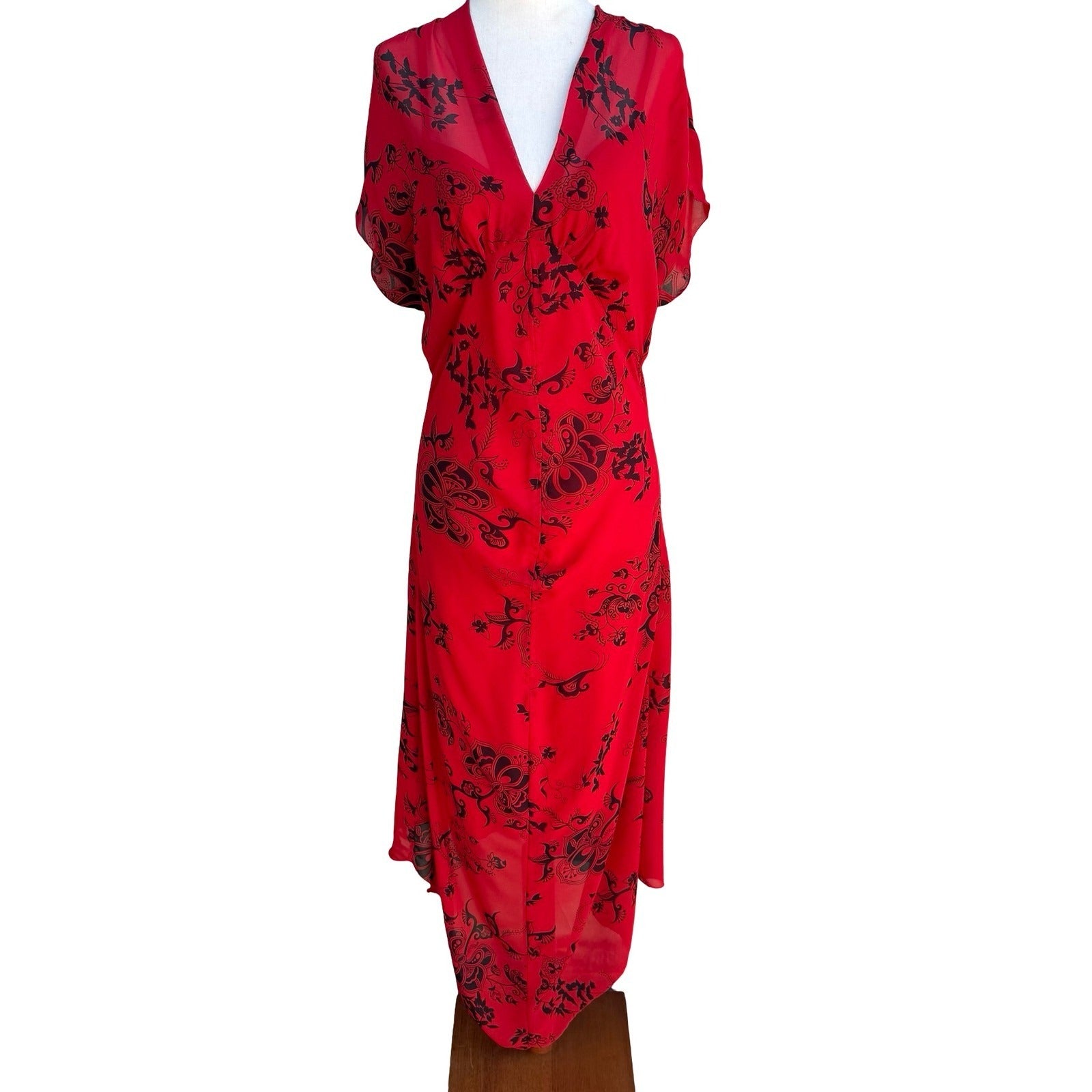 Jonathan Martin Whimisigoth Dark Floral Paisley Sheer Midi Dress Red Womens 10