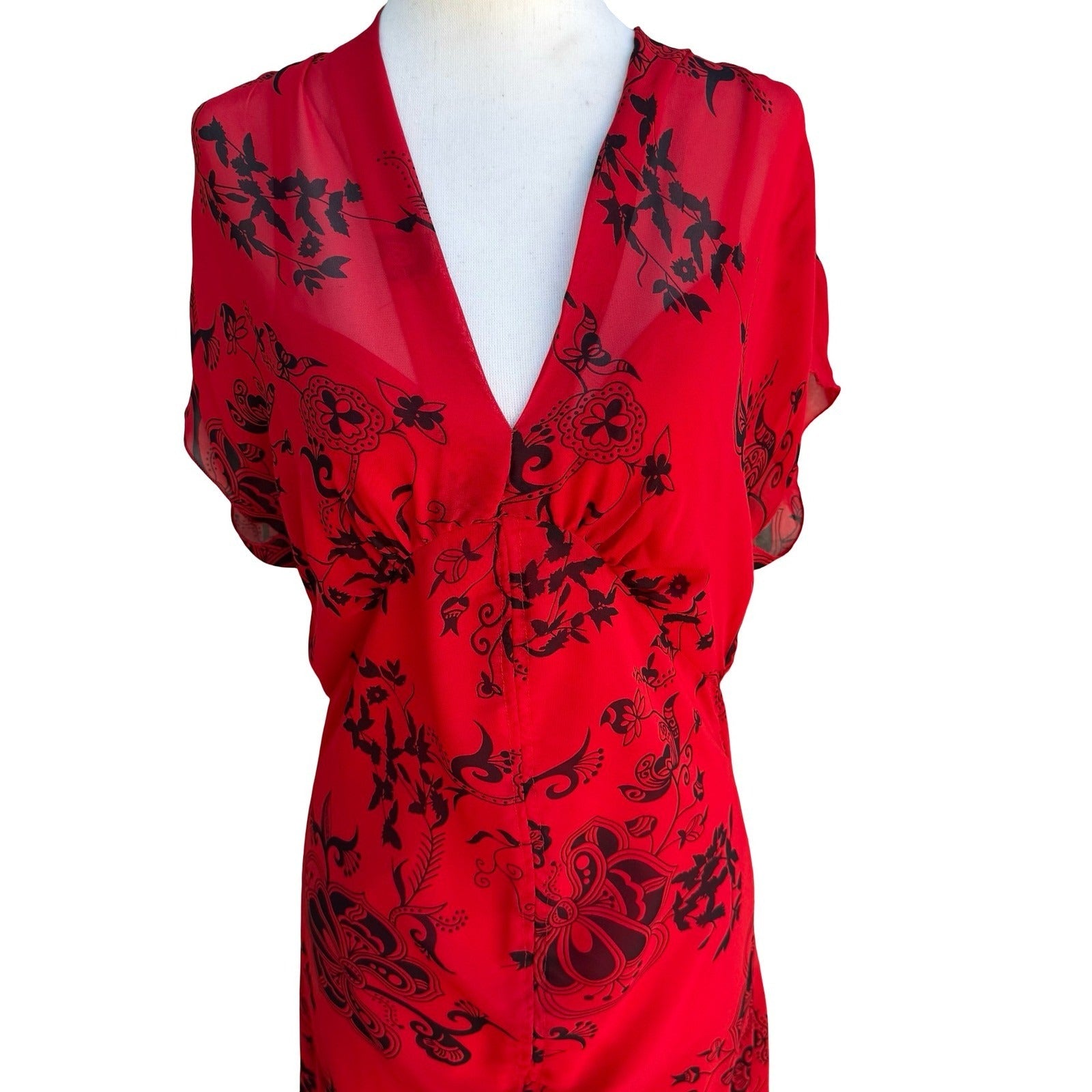 Jonathan Martin Whimisigoth Dark Floral Paisley Sheer Midi Dress Red Womens 10