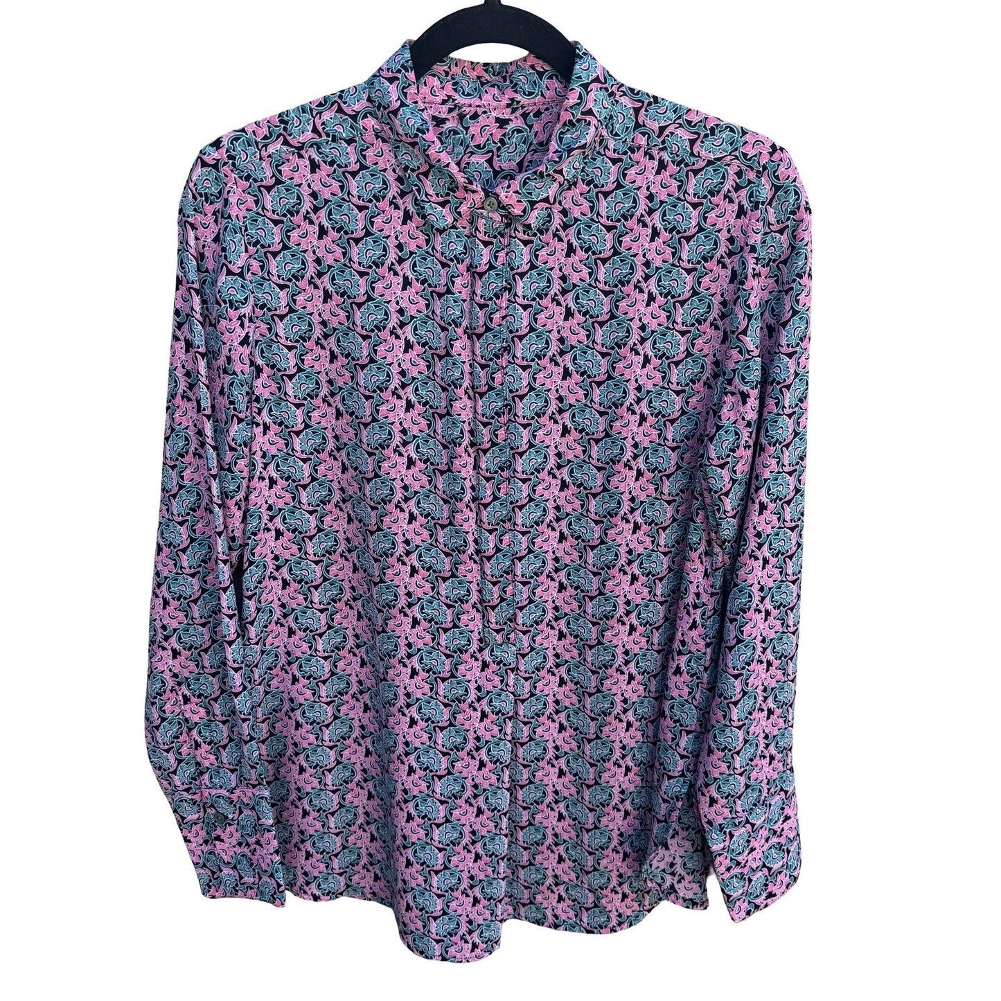 Gap Womens Pink Teal Floral Paisley Long Sleeve Popover Tunic Blouse Medium Boho