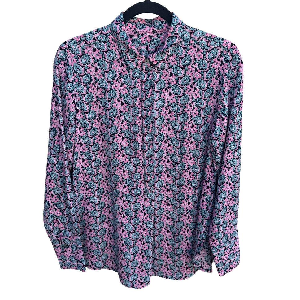 Gap Womens Pink Teal Floral Paisley Long Sleeve Popover Tunic Blouse Medium Boho