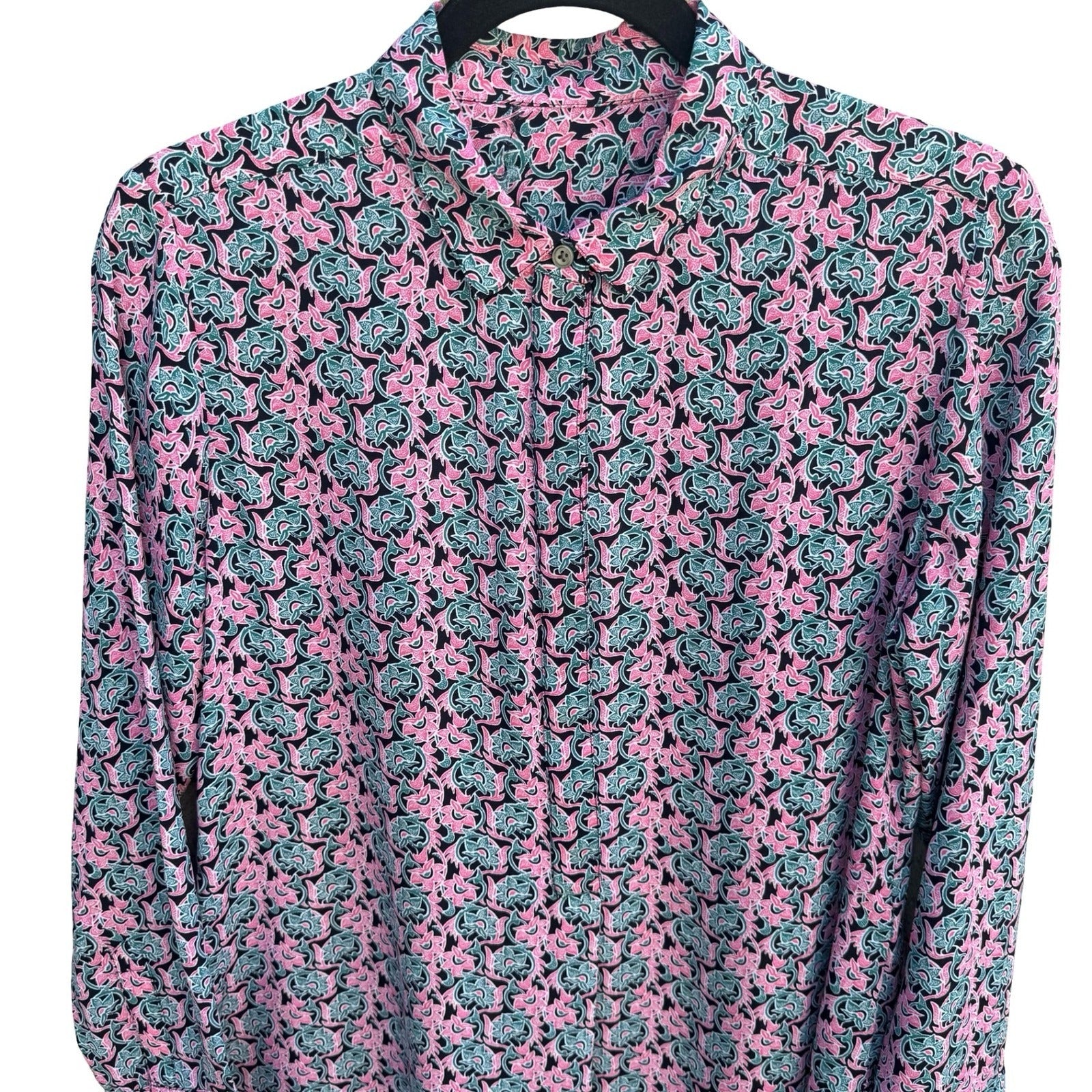 Gap Womens Pink Teal Floral Paisley Long Sleeve Popover Tunic Blouse Medium Boho