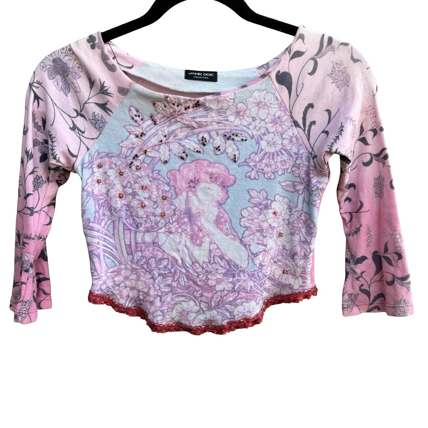 Jane Doe Y2K Whimsigoth Fairycore Pink Art Nouveau Beaded Graphic Crop Top S