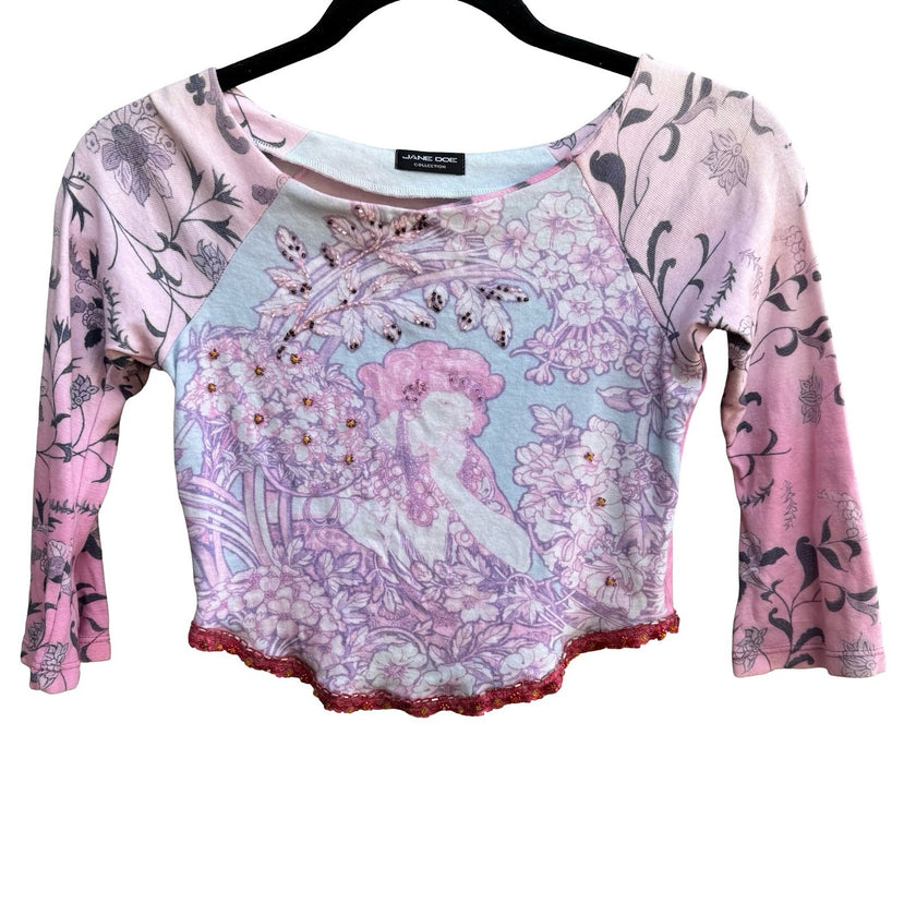 Jane Doe Y2K Whimsigoth Fairycore Pink Art Nouveau Beaded Graphic Crop Top S