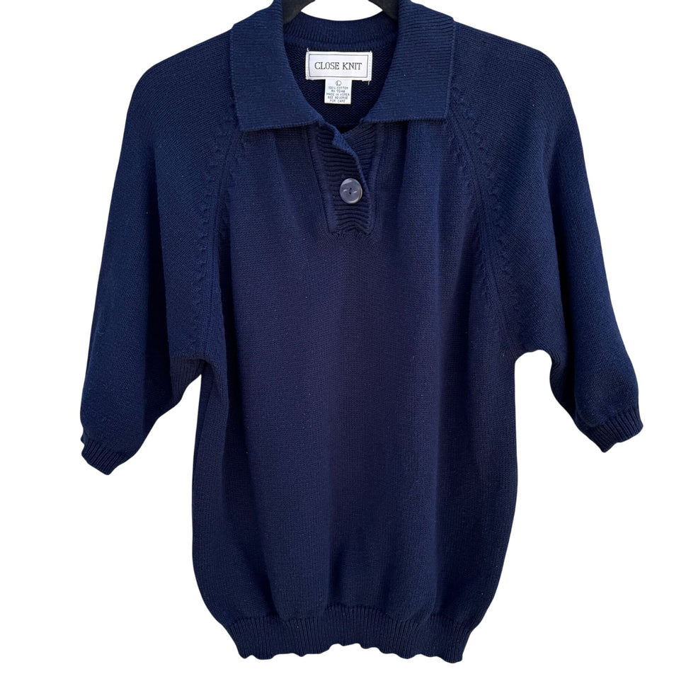Close Knit Vintage Womens Navy Blue Knit Polo Collar Quarter Sleeves Sweater L