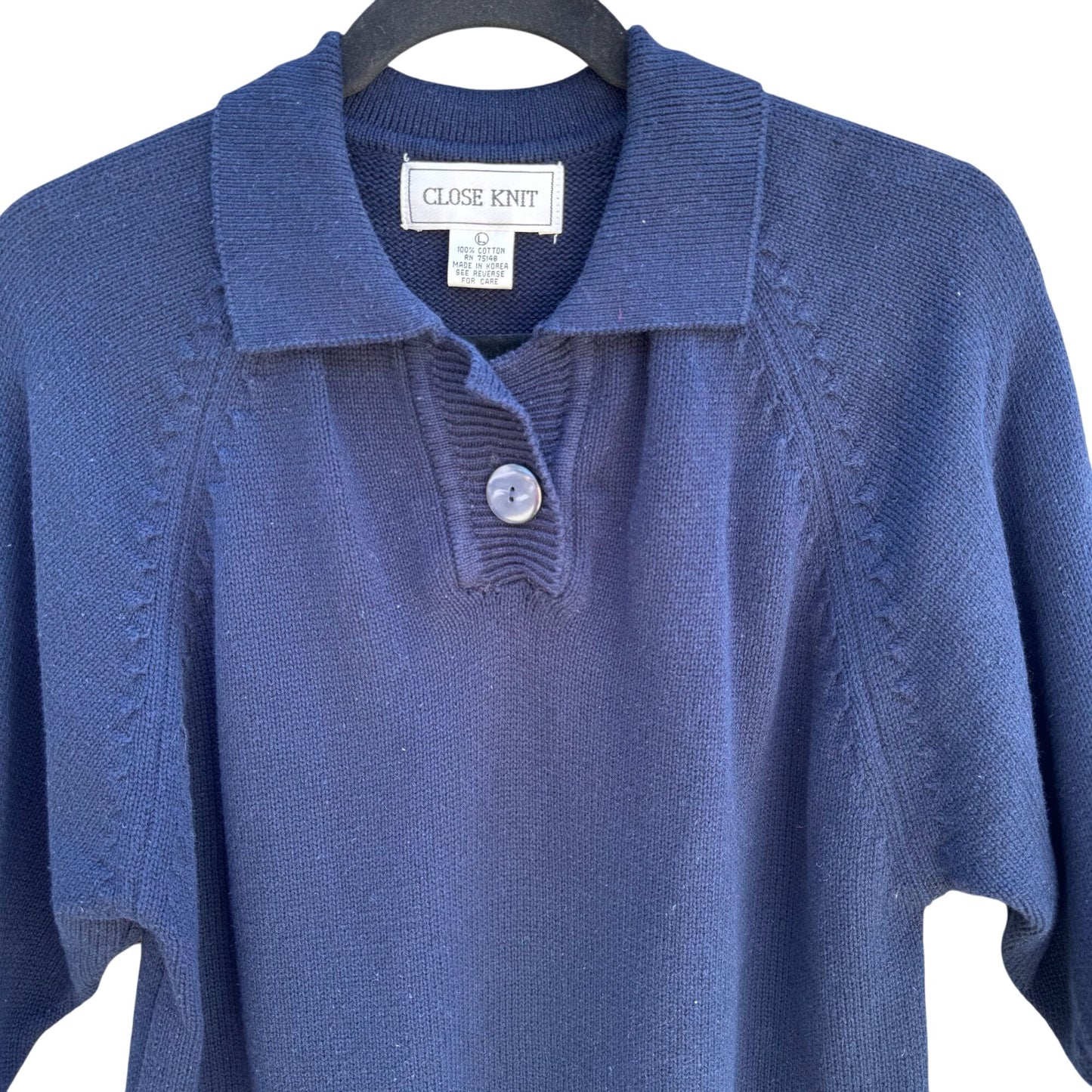 Close Knit Vintage Womens Navy Blue Knit Polo Collar Quarter Sleeves Sweater L