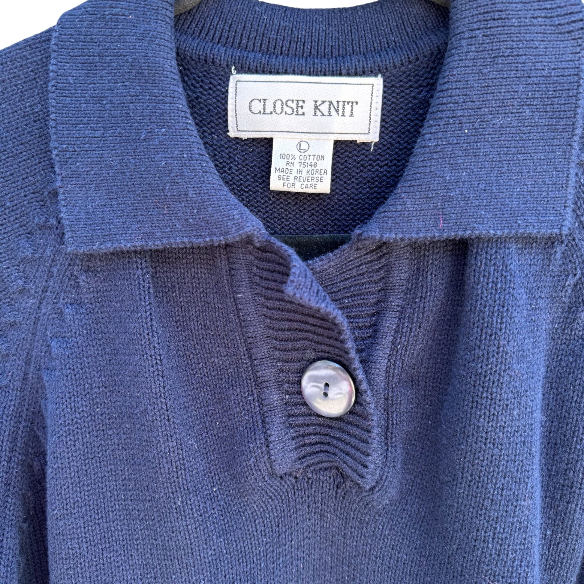 Close Knit Vintage Womens Navy Blue Knit Polo Collar Quarter Sleeves Sweater L