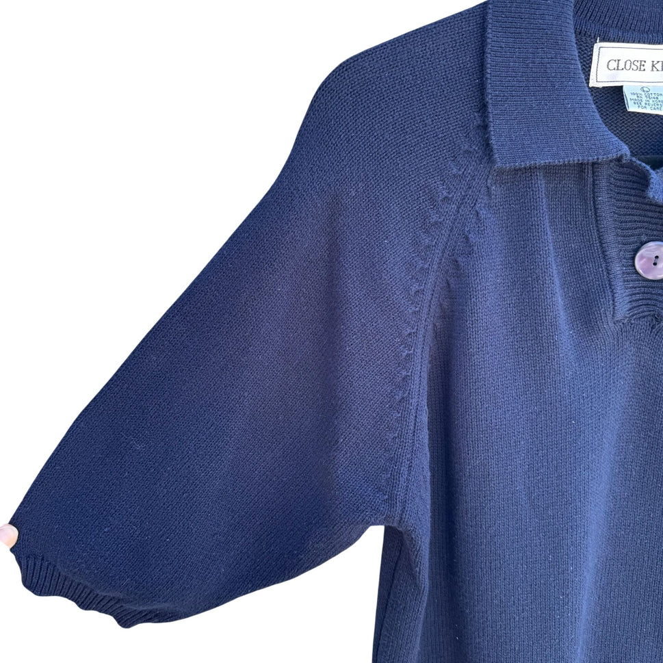 Close Knit Vintage Womens Navy Blue Knit Polo Collar Quarter Sleeves Sweater L