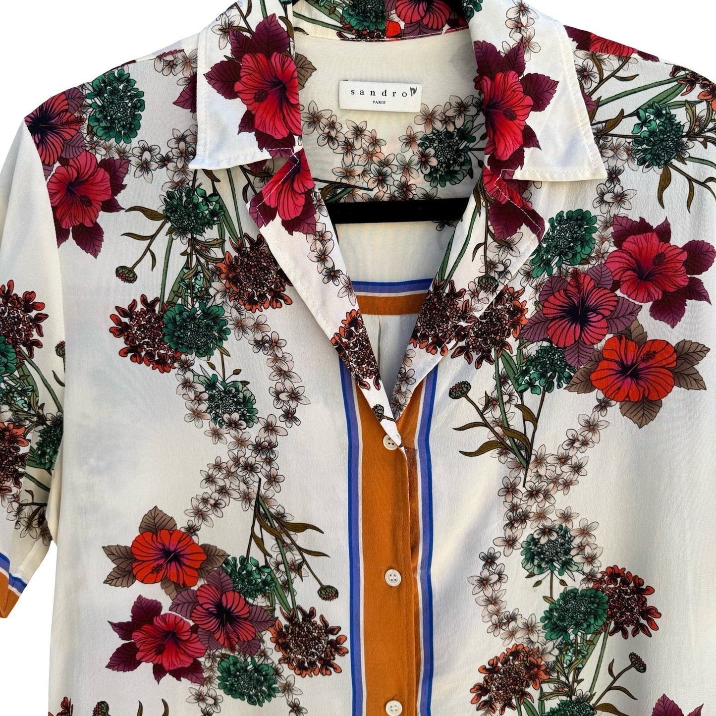 Sandro Paris Silk Resortwear Tropical Hibiscus Boho Beachy Luxury Shirt Womens L