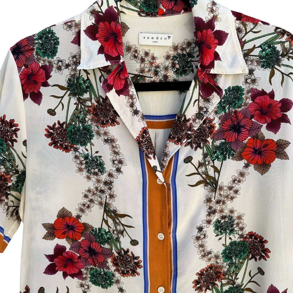Sandro Paris Silk Resortwear Tropical Hibiscus Boho Beachy Luxury Shirt Womens L