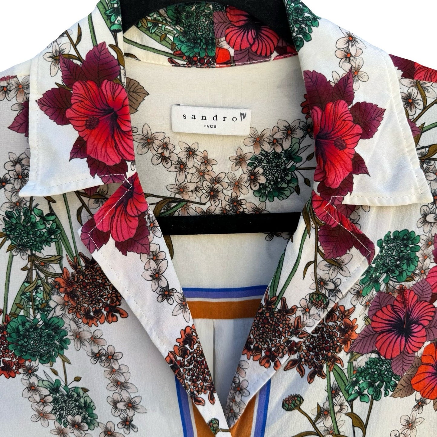 Sandro Paris Silk Resortwear Tropical Hibiscus Boho Beachy Luxury Shirt Womens L