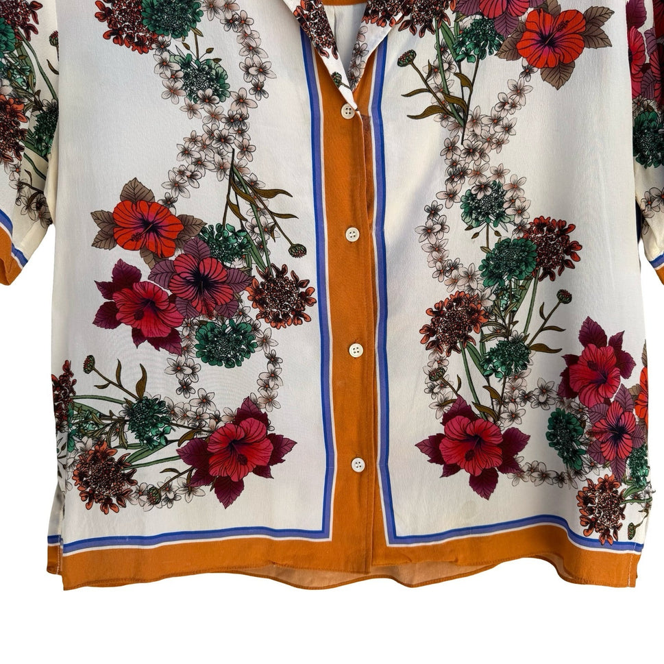 Sandro Paris Silk Resortwear Tropical Hibiscus Boho Beachy Luxury Shirt Womens L