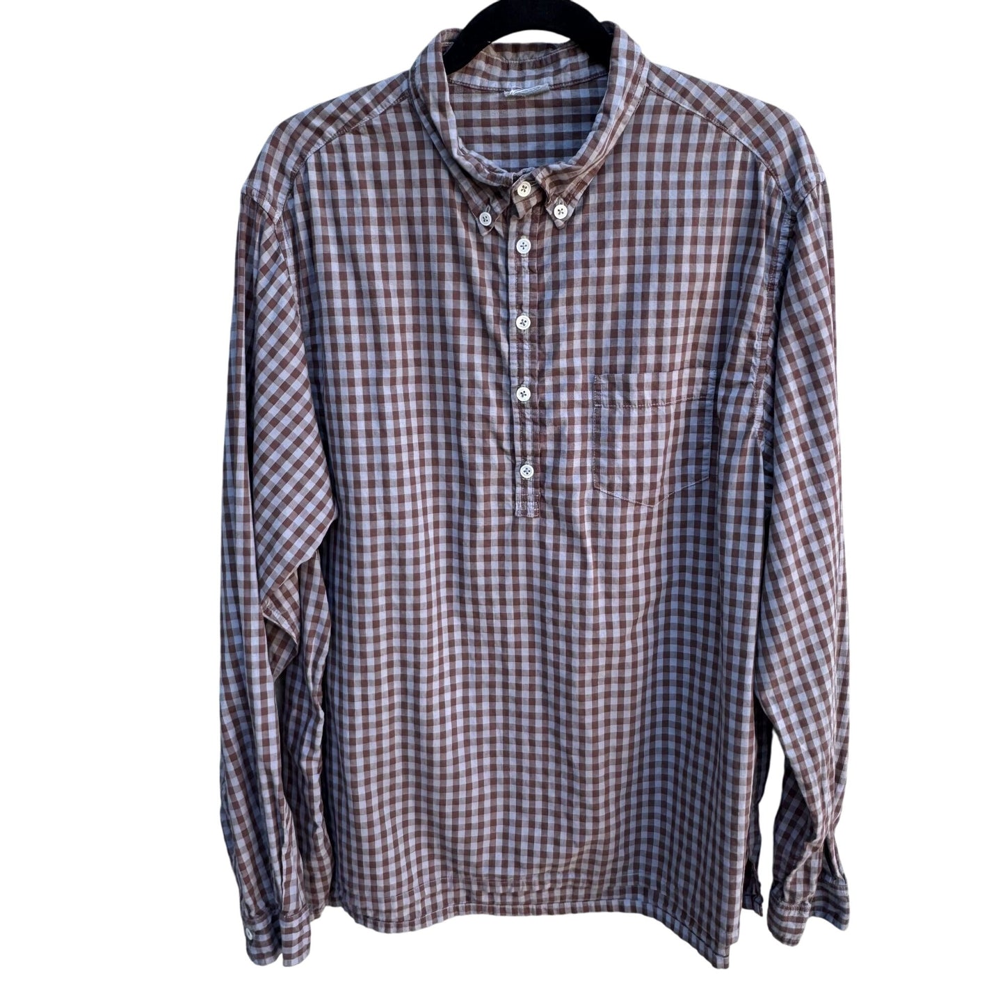 Vintage Mens Brown Blue Gingham Long Sleeve 1/2 Button Madras Cotton Tunic Shirt