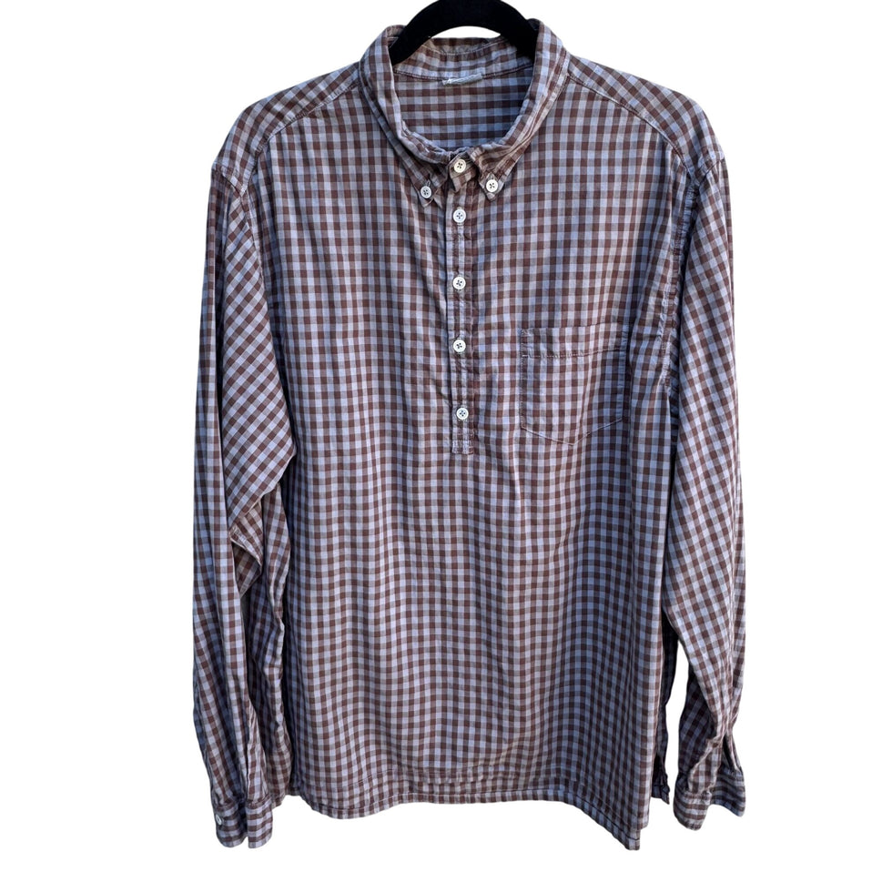 Vintage Mens Brown Blue Gingham Long Sleeve 1/2 Button Madras Cotton Tunic Shirt