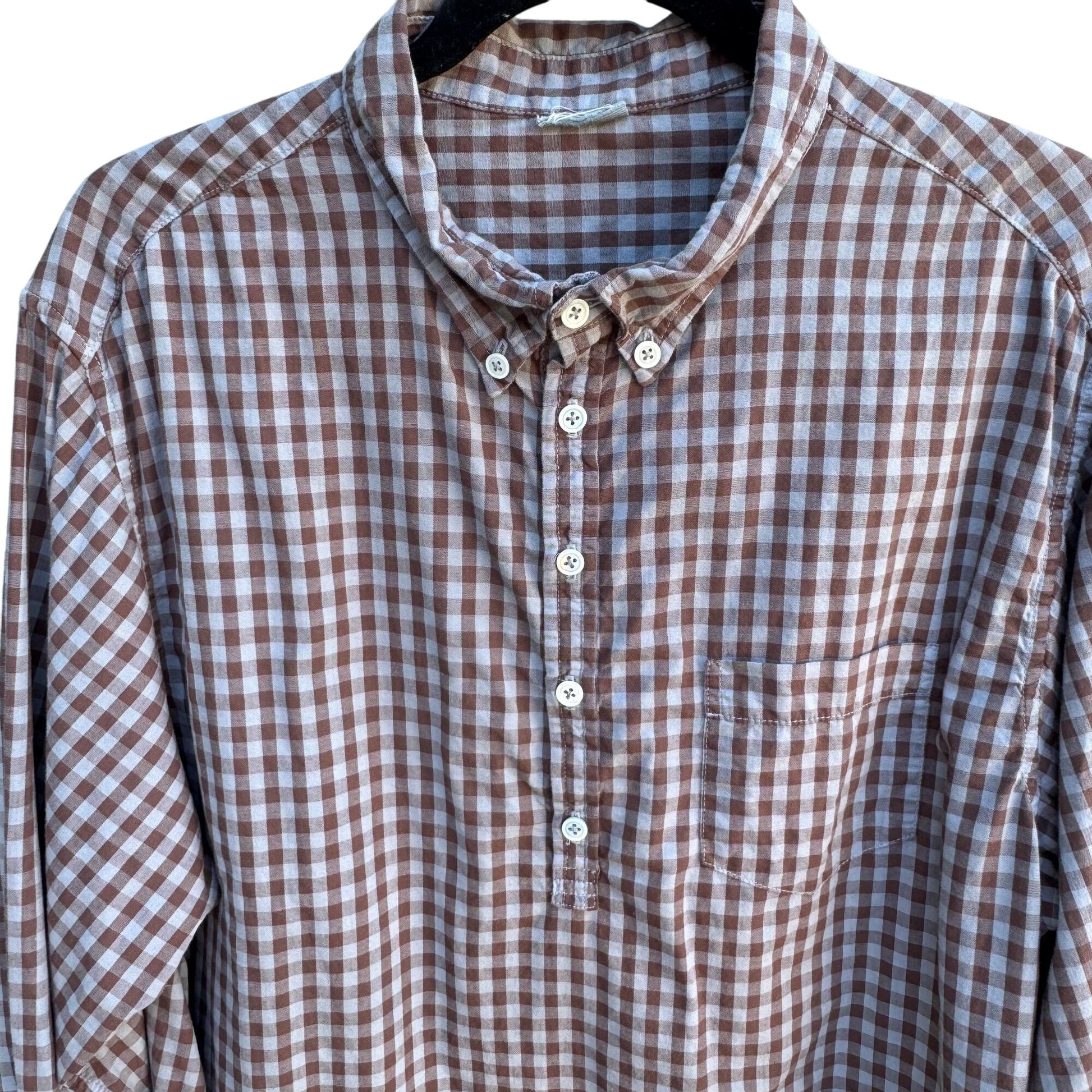 Vintage Mens Brown Blue Gingham Long Sleeve 1/2 Button Madras Cotton Tunic Shirt