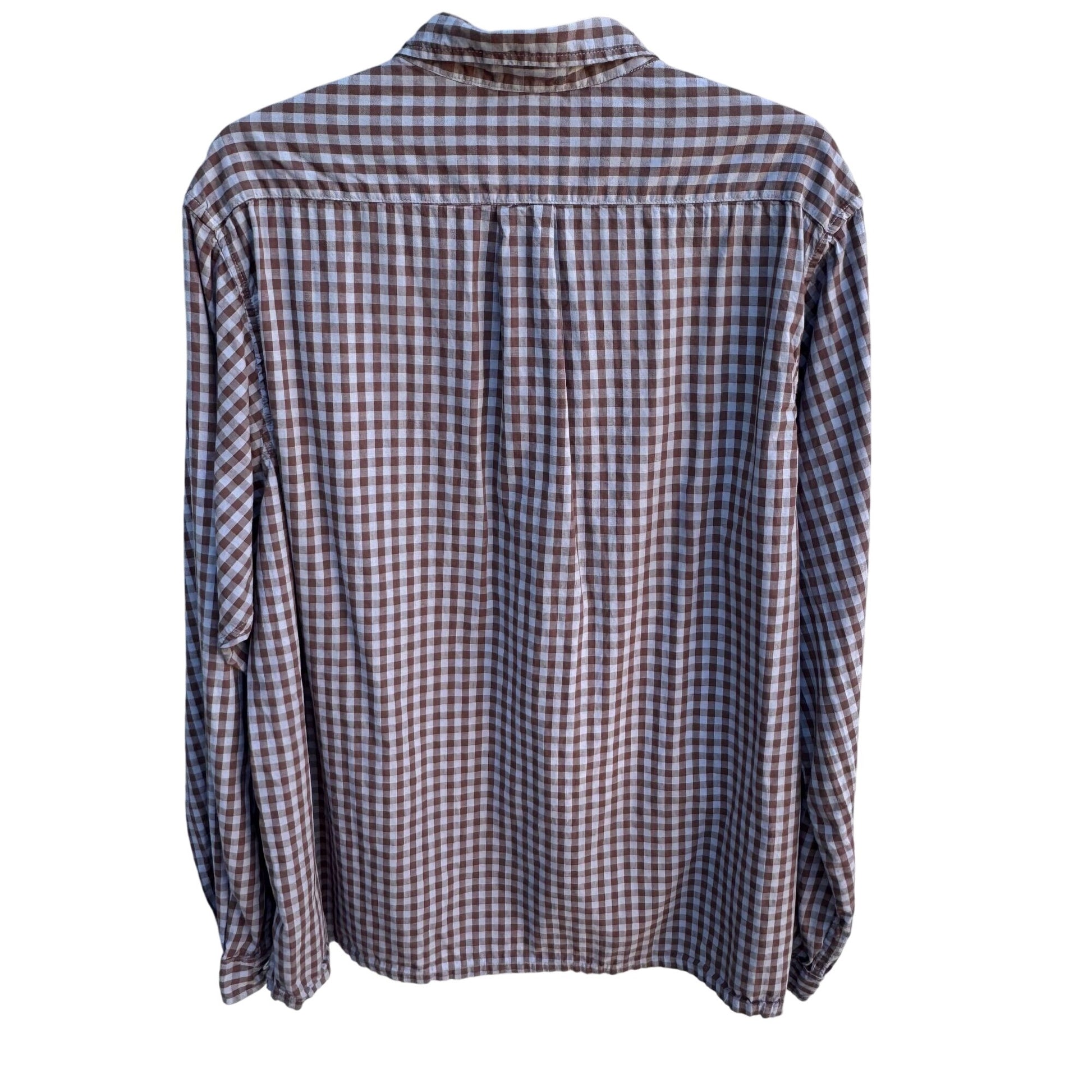 Vintage Mens Brown Blue Gingham Long Sleeve 1/2 Button Madras Cotton Tunic Shirt