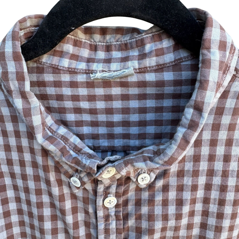 Vintage Mens Brown Blue Gingham Long Sleeve 1/2 Button Madras Cotton Tunic Shirt