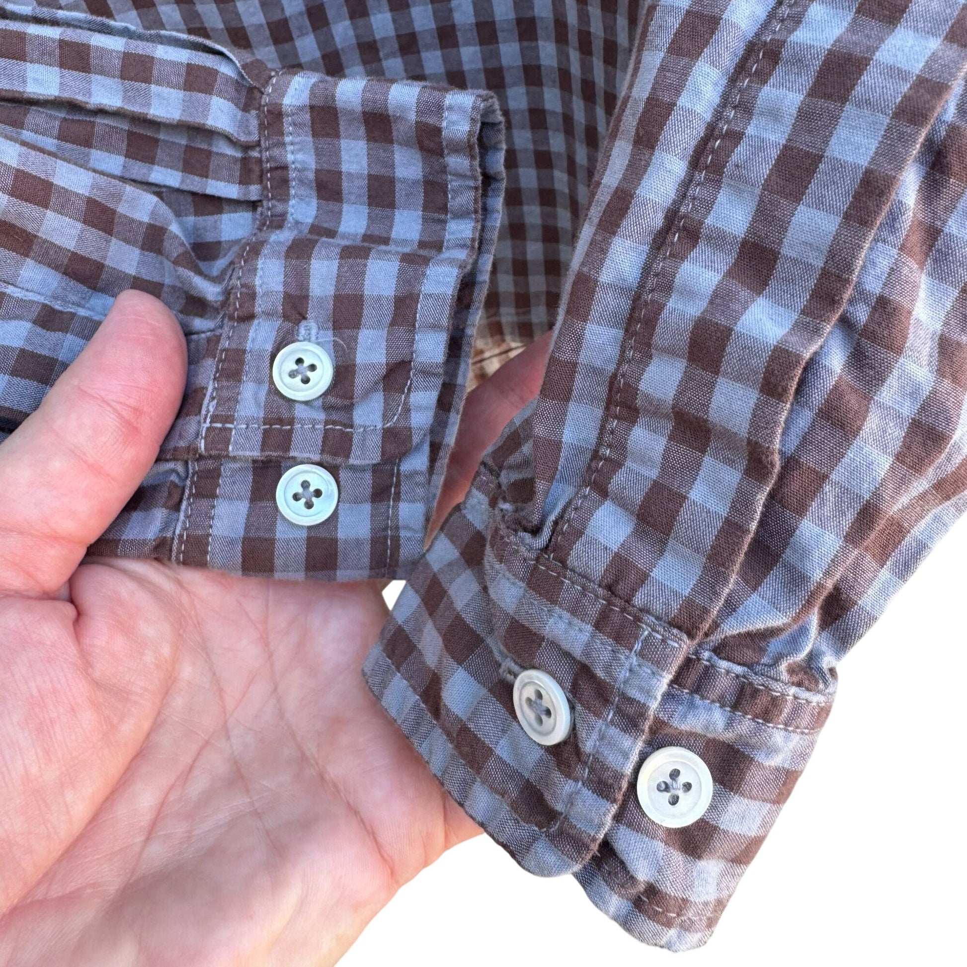 Vintage Mens Brown Blue Gingham Long Sleeve 1/2 Button Madras Cotton Tunic Shirt