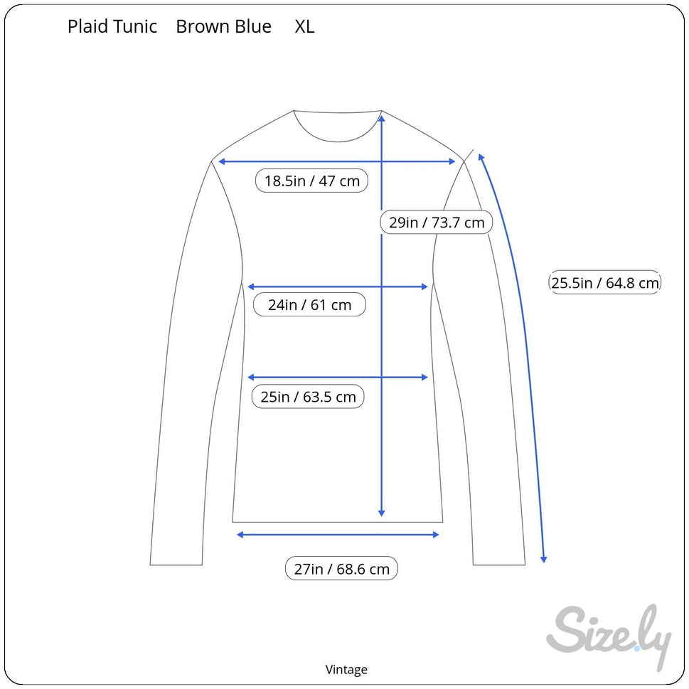 Vintage Mens Brown Blue Gingham Long Sleeve 1/2 Button Madras Cotton Tunic Shirt