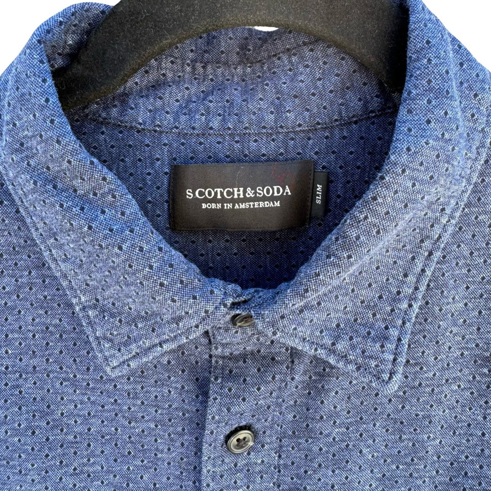 Scotch & Soda Micro Dot Slim Fit Tailored Business Casual Shirt Mens L Blue
