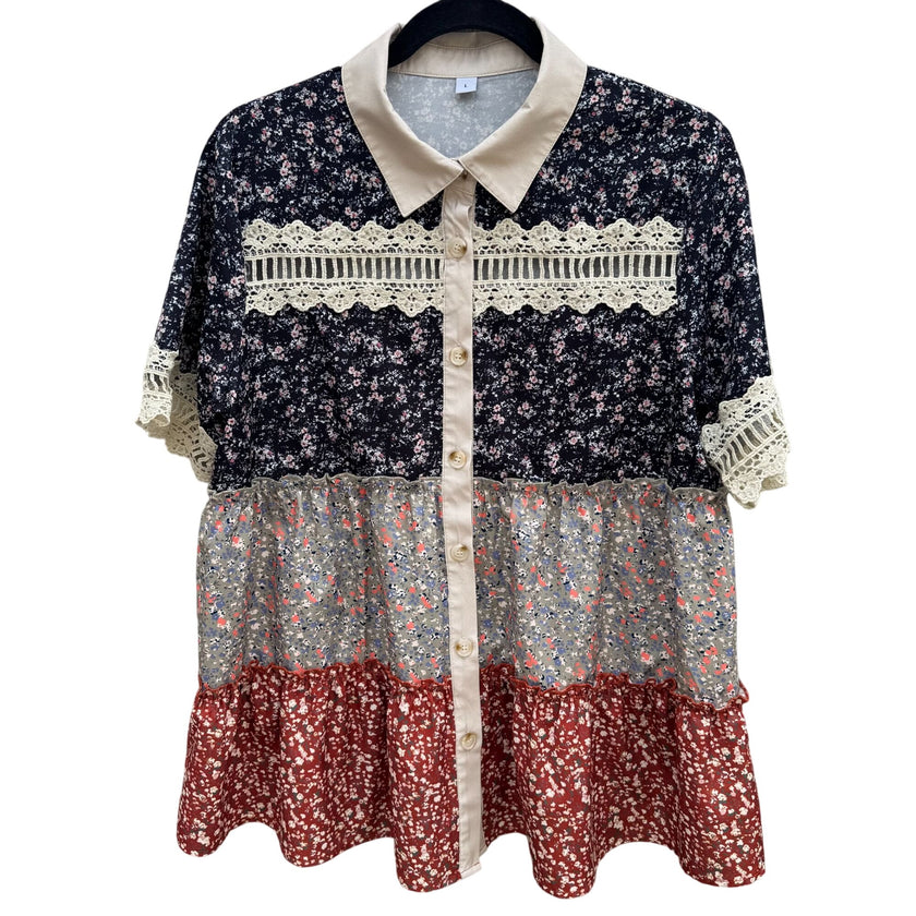 Vintage-Inspired Womens Floral Patchwork Tiered Layered Tunic Top Lace Trim Boho