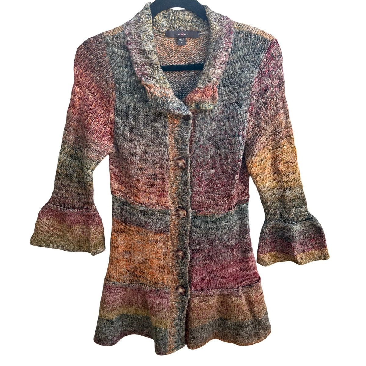 Fever Boho Earthy Fairycore Space Dye Bell Sleeve Ruffle Hem Cardigan Sweater M