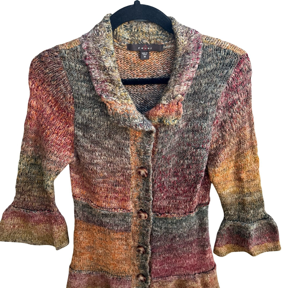 Fever Boho Earthy Fairycore Space Dye Bell Sleeve Ruffle Hem Cardigan Sweater M