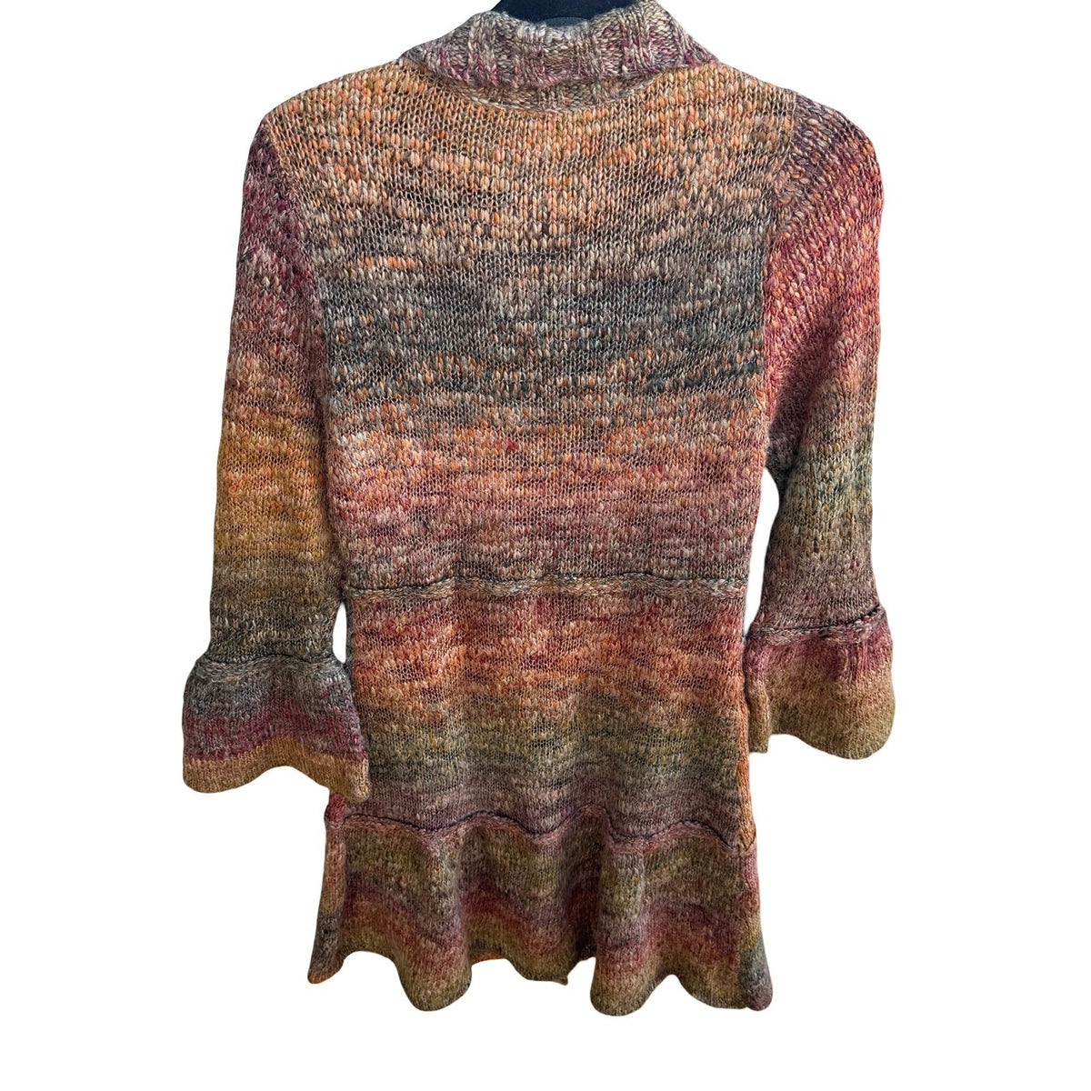 Fever Boho Earthy Fairycore Space Dye Bell Sleeve Ruffle Hem Cardigan Sweater M
