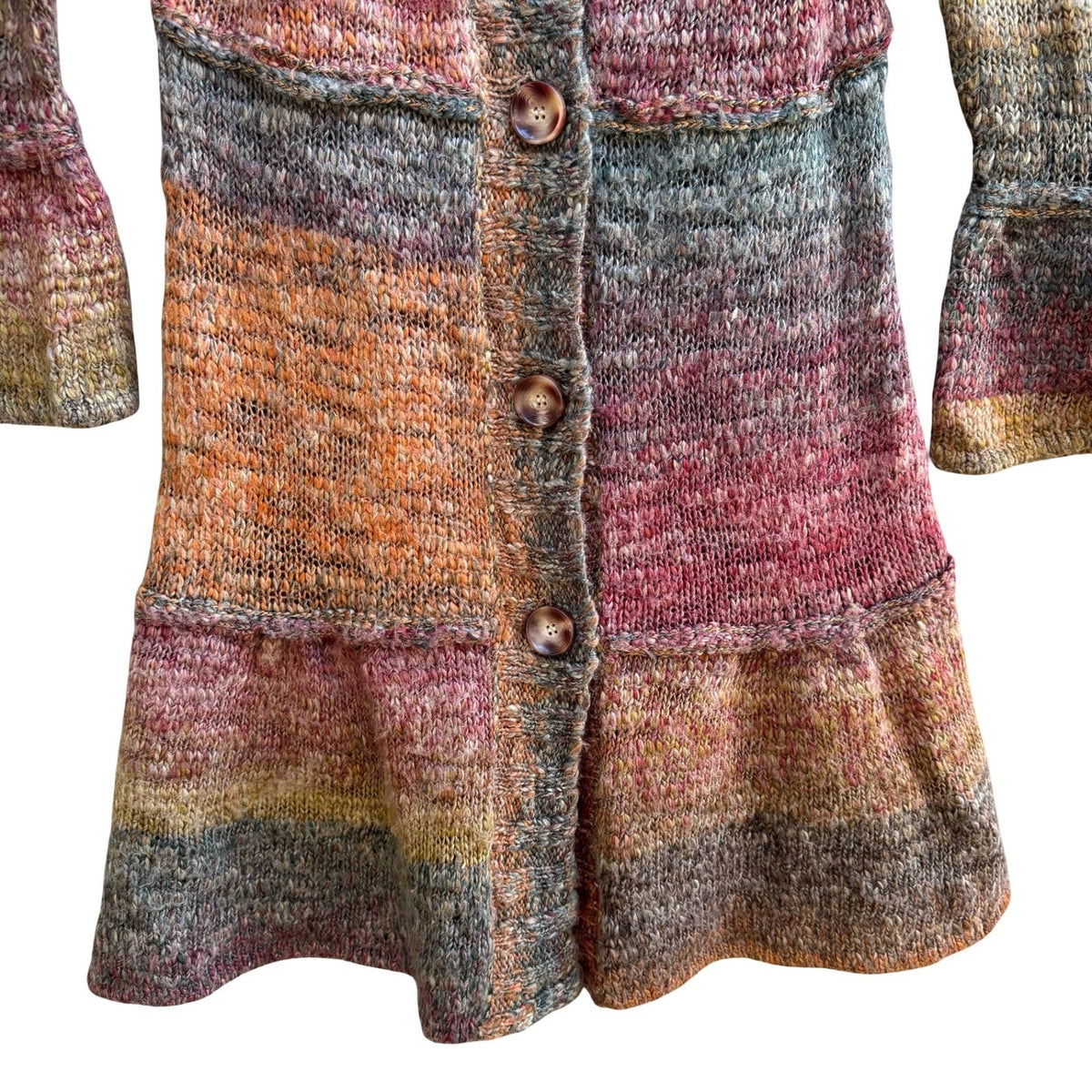 Fever Boho Earthy Fairycore Space Dye Bell Sleeve Ruffle Hem Cardigan Sweater M