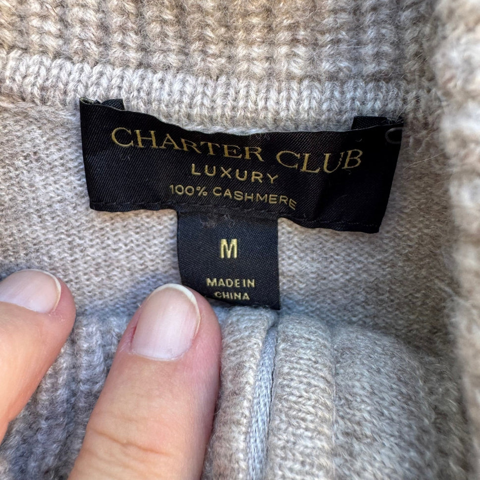 Charter Club 100% Cashmere Quiet Luxury Quarter Zip Roll Neck Sweater Tan M