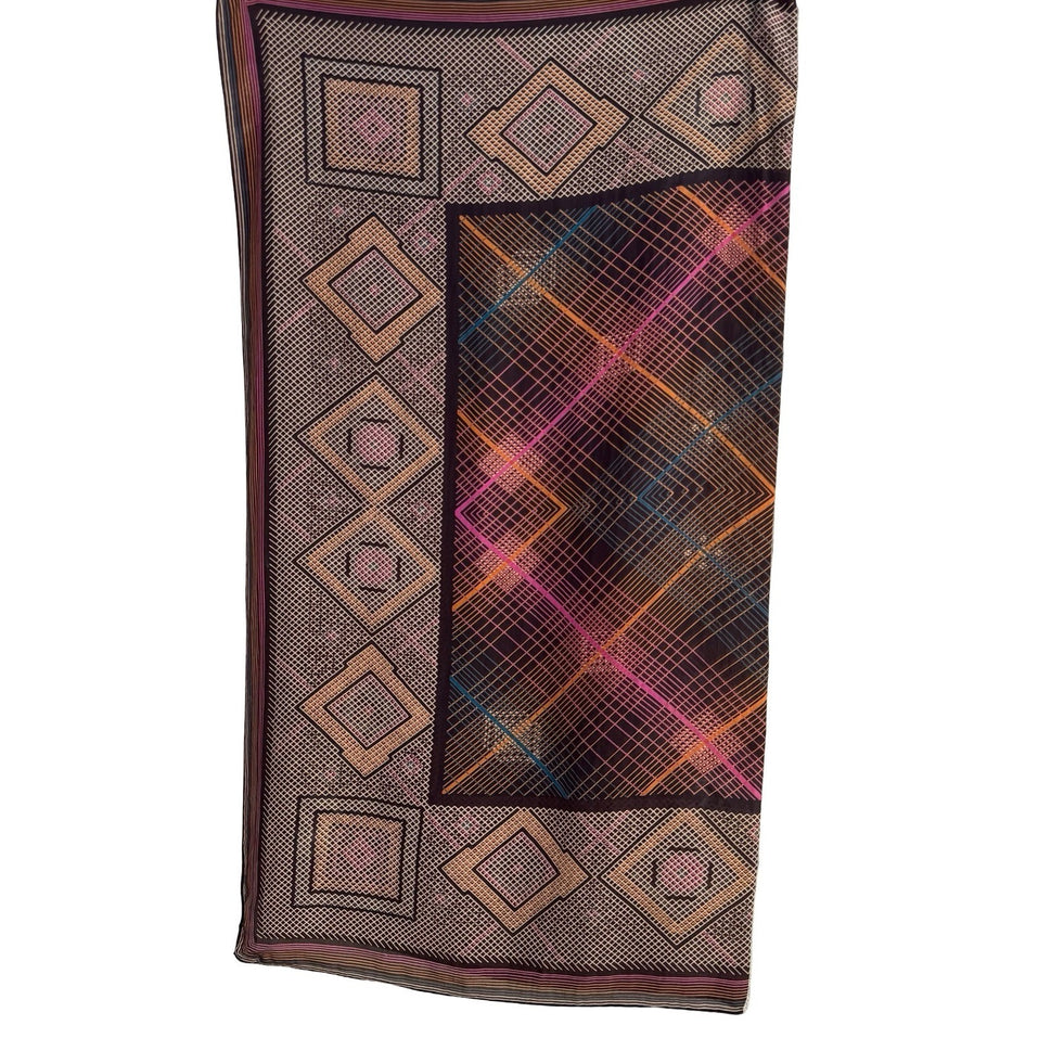 Vintage Geometric Diamond Grid Silk Scarf Brown Orange Pink Hand Rolled Edge