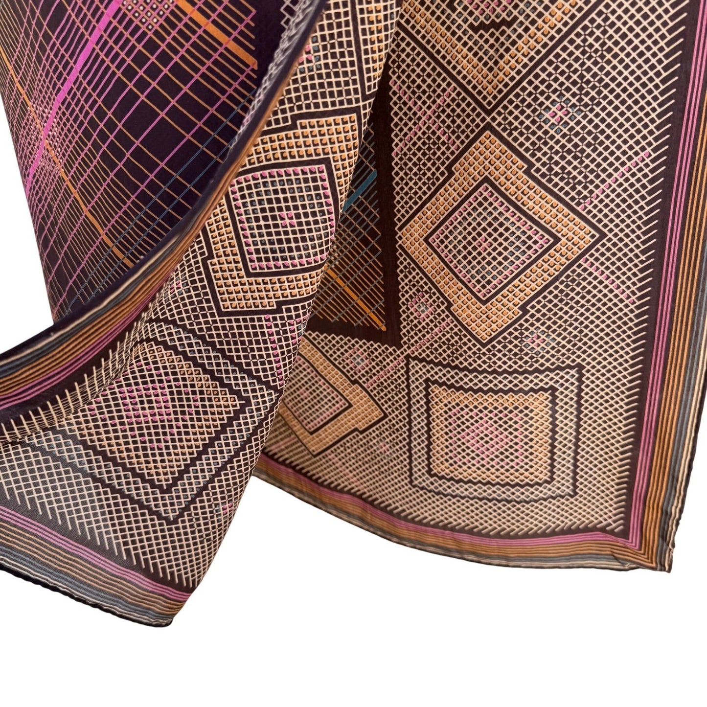 Vintage Geometric Diamond Grid Silk Scarf Brown Orange Pink Hand Rolled Edge