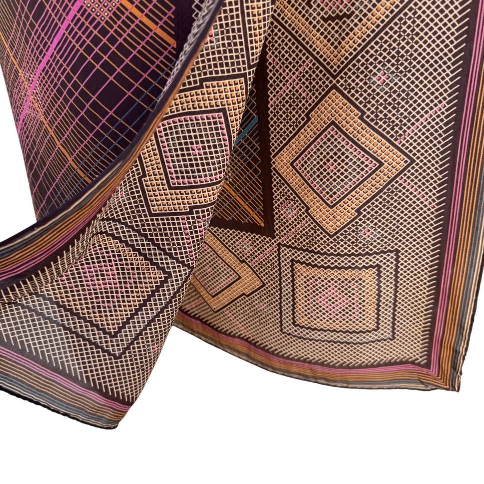 Vintage Geometric Diamond Grid Silk Scarf Brown Orange Pink Hand Rolled Edge