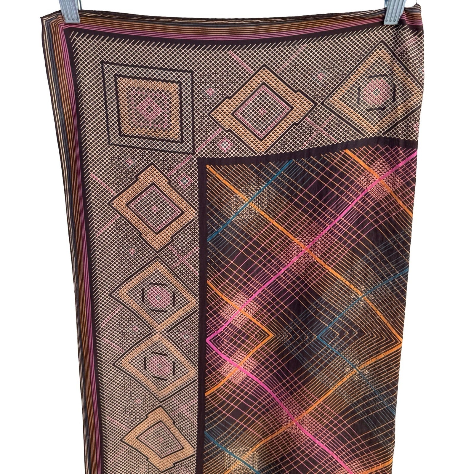 Vintage Geometric Diamond Grid Silk Scarf Brown Orange Pink Hand Rolled Edge